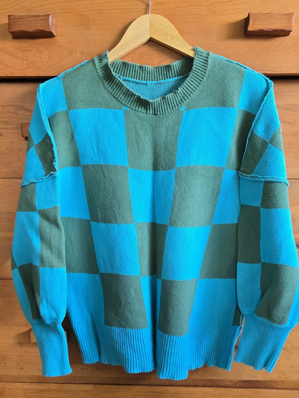 Teal Green Checkerboard Oversized Knit Sweater Y2K Pullover, Medium